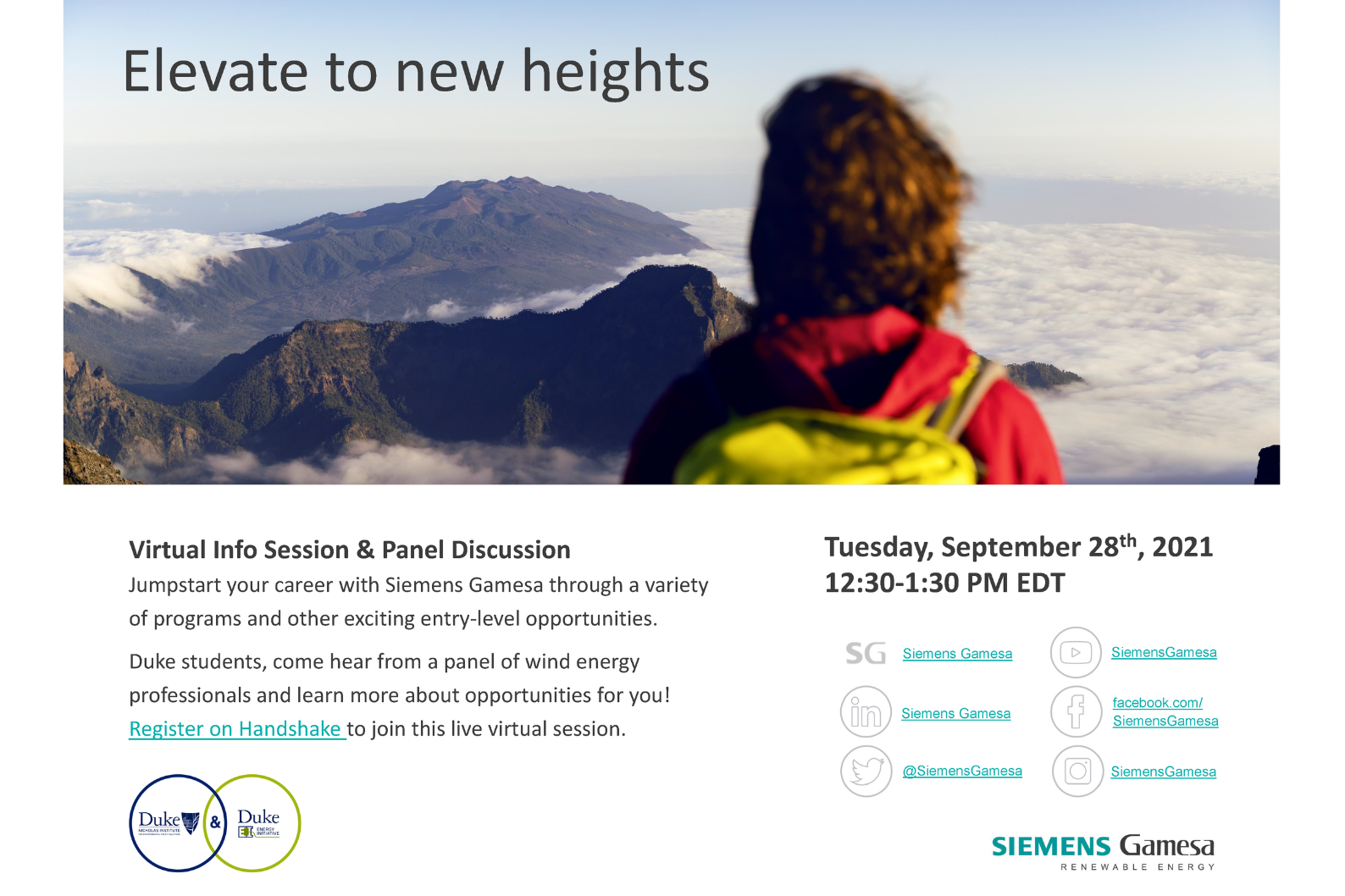 Siemens Gamesa Virtual Info Session & Panel Discussion - Jumpstart your career with Siemens Gamesa through a variety of programs and other exciting entry-level opportunities. Tuesday September 28, 12:30-1:30 p.m. EDT